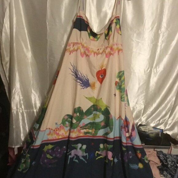 Bohemian A line Unique Print Smocked Back Midi Beach Dress XL - Picture 14 of 16